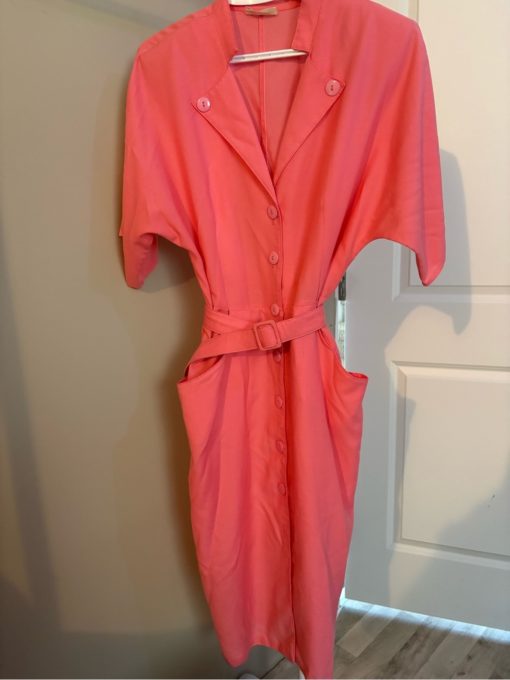 Vintage 80s Panache Bright Coral Shift Button Dress